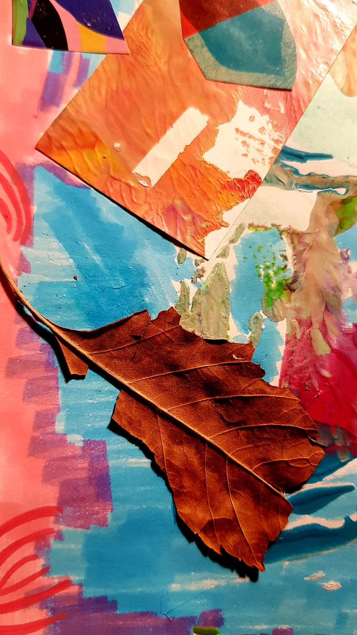 colorful papers and stains around cut leaf