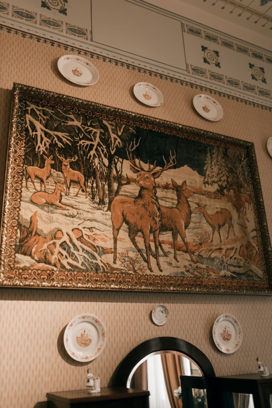 vintage wall tapestry with deer in winter forest