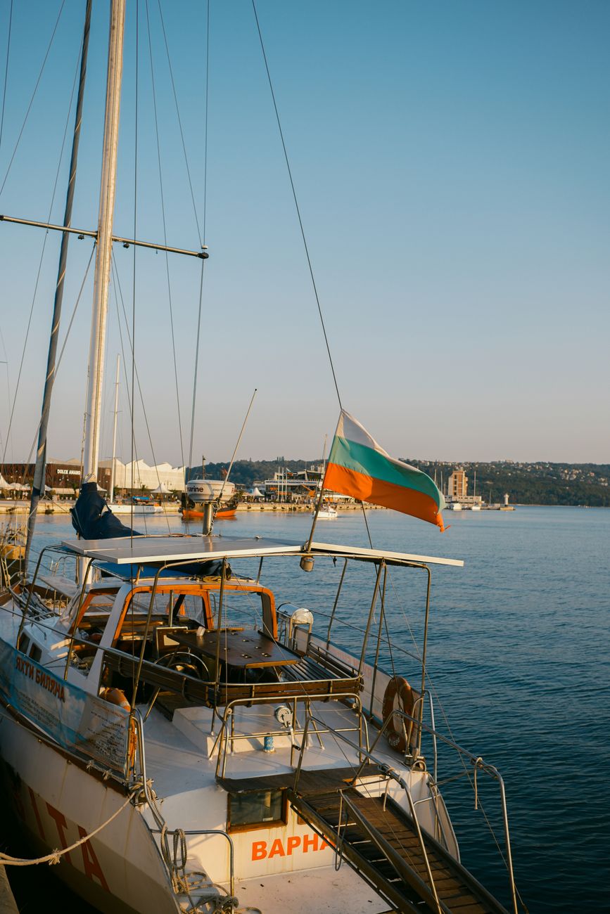 sailboat in varna harbor at sunset